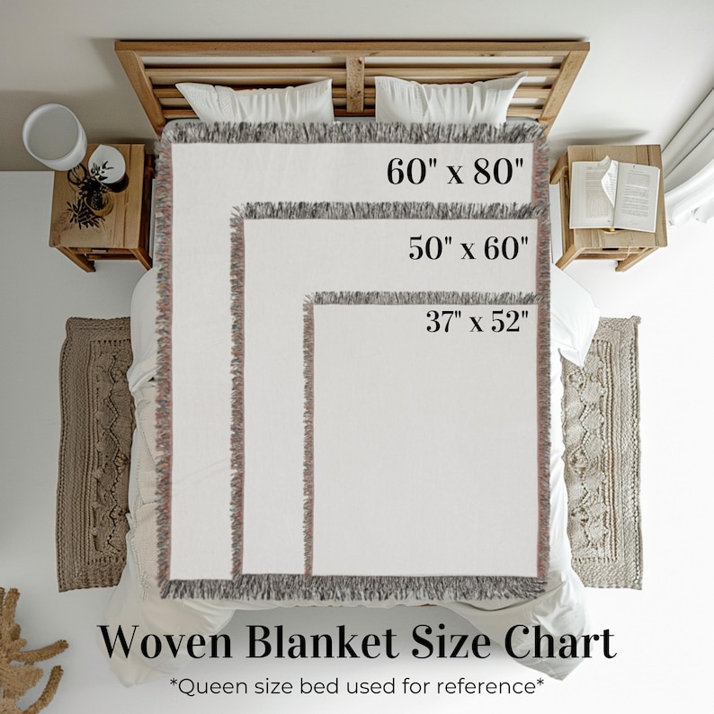May include: A woven blanket size chart featuring three rectangular blankets with fringed edges, labeled with dimensions 60" x 80", 50" x 60", and 37" x 52". The text "Woven Blanket Size Chart" and "*Queen size bed used for reference*" is visible.