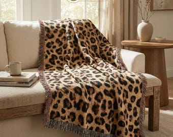 Leopard Print Blanket Woven Cotton – Chic Neutral Home Decor Throw, Aesthetic Animal Print Blanket, Modern Cozy Living Room Decor