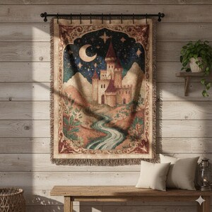 May include: A rectangular woven wall tapestry featuring a castle scene with a crescent moon, stars, and a winding river. The design includes a decorative border with fringe edges, rendered in shades of deep blue, tan, and muted red on a fabric base.