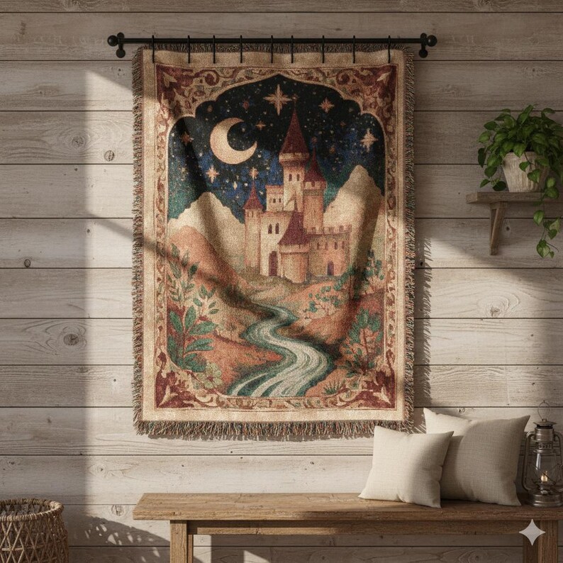 May include: A rectangular woven wall tapestry featuring a castle scene with a crescent moon, stars, and a winding river. The design includes a decorative border with fringe edges, rendered in shades of deep blue, tan, and muted red on a fabric base.