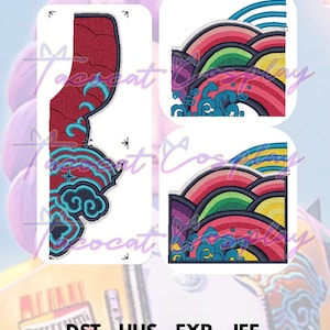May include: A collection of colourful embroidery designs. One features a red and blue design with cloud and wave motifs. Other designs showcase rainbow arches and wave patterns. The image includes text indicating file formats.