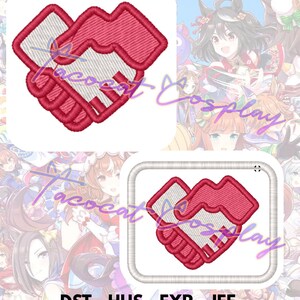 May include: Two embroidered designs of clasped hands in red and white, set against a colorful anime-style background. The designs are in a square and a rounded square. The text "DST - HUS - EXP - JEF PES - VIP - VP3 - XXX" is at the bottom.