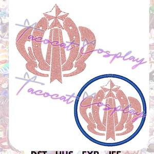 May include: Two embroidered designs featuring a crown-like emblem with a star on top, in shades of pink. One design is standalone, the other is within a blue circle. The text "Tacocat Cosplay" is written across the designs.