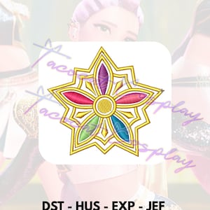 May include: A colorful floral embroidery design with a gold outline and multi-colored petals. The design is in the shape of a star with a circular center. The image includes the text "DST - HUS - EXP - JEF PES - VIP - VP3 - XXX".