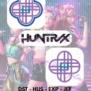 Puede incluir: Diseño de bordado digital con un emblema floral morado y verde azulado estilizado. La imagen incluye el texto "HUNTRAX" en negrita, en negro, junto con abreviaturas de tipo de archivo. El fondo presenta un grupo de mujeres.