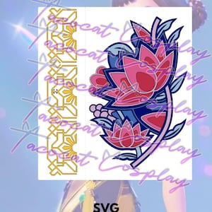 Può includere: Illustrazione digitale di un motivo floreale stilizzato con petali rosa e rossi, accenti blu e foglie verdi. Il design è su sfondo bianco con la scritta "SVG" in basso. Un bordo dorato decorativo è a sinistra.