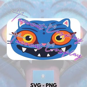 Peut inclure: Un design de visage de chat bleu avec des yeux orange, des dents blanches et des moustaches noires. L'image contient le texte "SVG - PNG" en bas. Le design est probablement destiné au cosplay ou à l'artisanat.