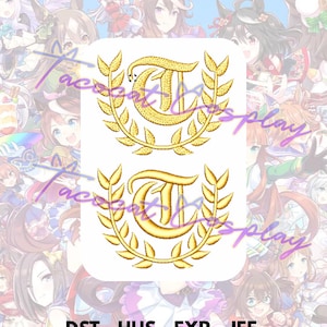 May include: Two gold-colored embroidered patches featuring the letter "T" within a laurel wreath design. The patches are set against a background of anime-style illustrations. Below the patches are the text "DST - HUS - EXP - JEF" and "PES - VIP - VP3 - XXX".