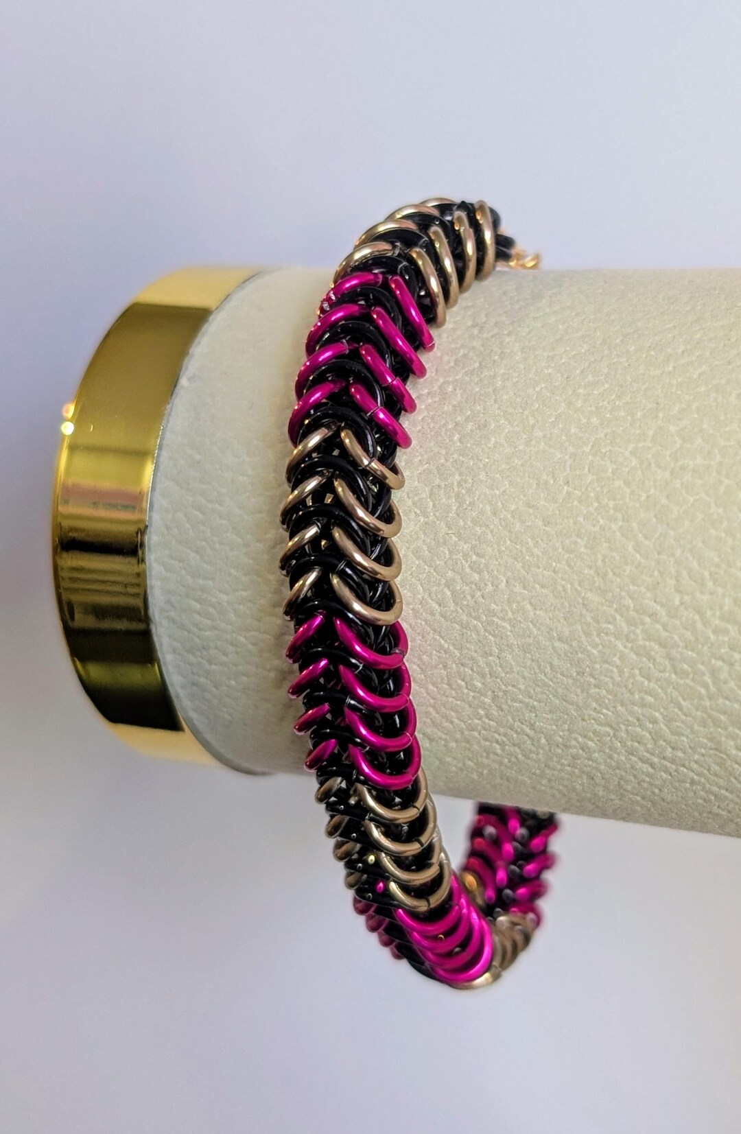 Black, Gold and Pink Box Weave Chainmail Bracelet - Etsy