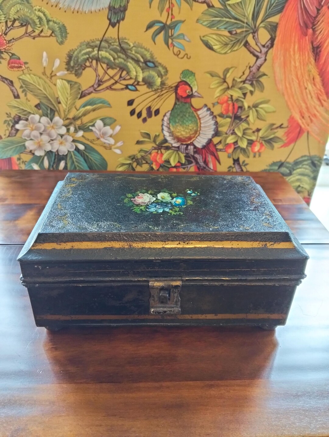 Antique Victorian Toleware Spice Box With Hand-painted Floral Lid With ...