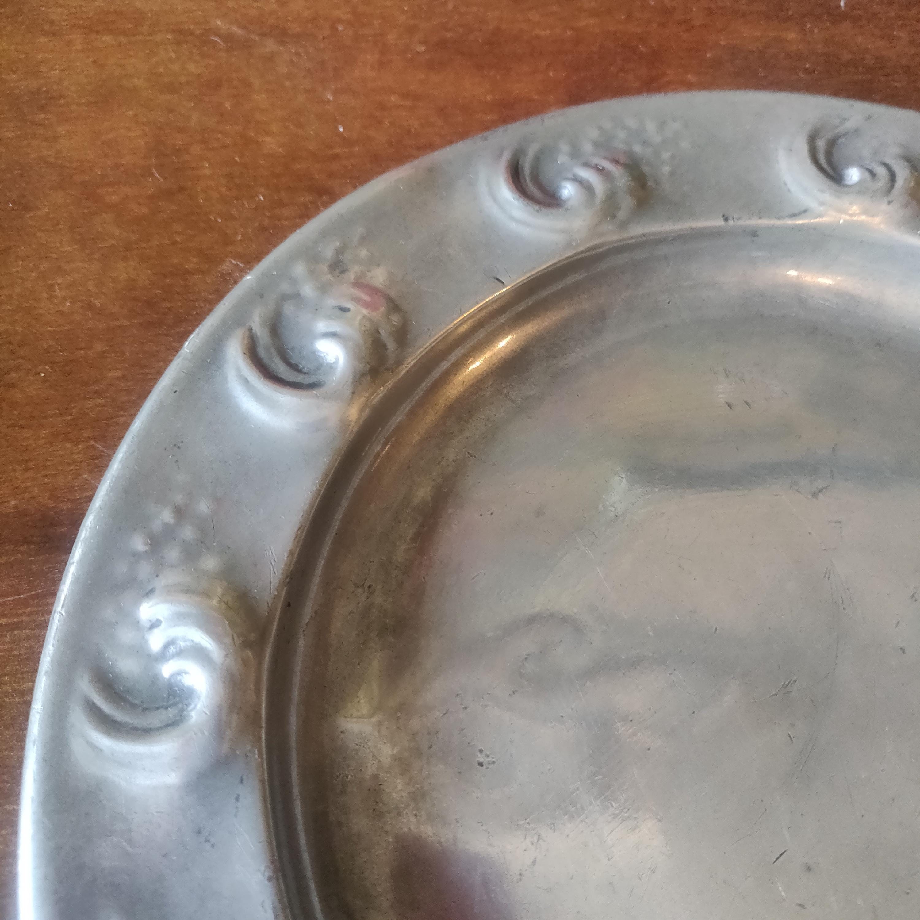 Antique Art Nouveau Pewter Tray: Hand Beaten 20th Century Decor