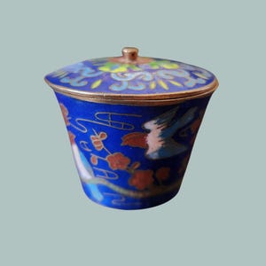 Op de afbeelding: Een klein blauw en gouden cloisonné emaille doosje met een deksel. Het doosje is versierd met een bloemenmotief en vogels.