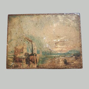 May include: A vintage painted wooden box featuring a scene of a ship on the water. The box has a gold border and the scene is painted in muted colours.