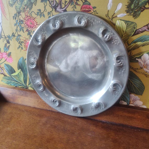 Antique Art Nouveau Pewter Tray: Hand Beaten 20th Century Decor