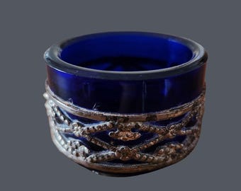 アンティークコバルトブルーガラスオープンソルトセラーライナー装飾