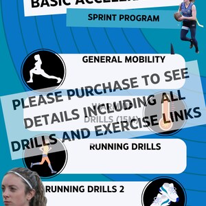 May include: A blue and white graphic with the text "Basic Acceleration Sprint Program" and "General Mobility". The graphic also includes a thermometer icon and the text "Please purchase to see details including all drills and exercise links".