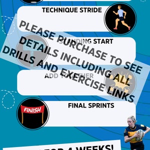 May include: A blue and white graphic with the text "PLYOMETRICS", "TECHNIQUE STRIDE", "PLEASE PURCHASE TO SEE DETAILS INCLUDING ALL DRILLS AND EXERCISE LINKS", "FINAL SPRINTS", "TRY IT FOR 4 WEEKS!" and "ENJOY!"  The graphic also includes illustrations of people exercising.