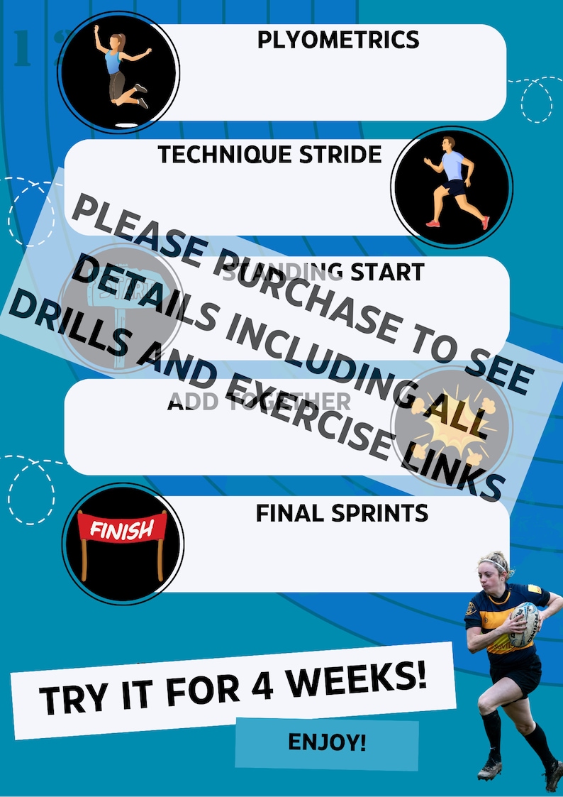 May include: A blue and white graphic with the text "PLYOMETRICS", "TECHNIQUE STRIDE", "PLEASE PURCHASE TO SEE DETAILS INCLUDING ALL DRILLS AND EXERCISE LINKS", "FINAL SPRINTS", "TRY IT FOR 4 WEEKS!" and "ENJOY!"  The graphic also includes illustrations of people exercising.