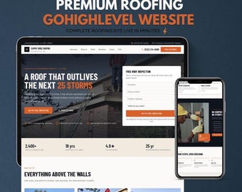 以下が含まれることがあります： GoHighLevel向けのプレミアム屋根工事ウェブサイトテンプレートのデジタル表示。タブレットとスマートフォンに「A ROOF THAT OUTLIVES THE NEXT 25 STORMS」というテキスト、問い合わせフォーム、住宅の屋根工事の画像が表示されたランディングページが映し出されています。