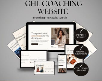 May include: A digital marketing display featuring a GHL Coaching Website with text overlays including GHL COACHING WEBSITE, Everything You Need to Launch, and DONE FOR YOU - NO TECH SKILLS NEEDED. Includes three black circular badges with white checkmarks.