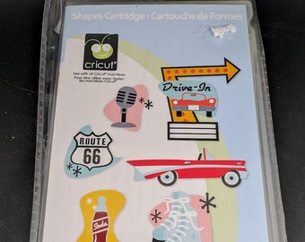 Cricut Nifty Fifties Shapes Cartridge  and Book - Paper Shape Cutter - Never Opened  Route 66 -Roller Skates -Retro shapes - Car - Soda