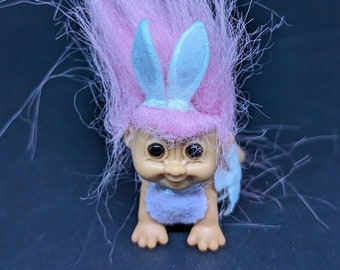 Vintage Russ Troll Puppe Krabbelbaby mit Pinkem Haar und Hasenohren