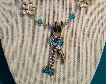 Repurposed Vintage Blue Brooch with Rhinestones Gold Flowers and blue faceted Beads Necklace