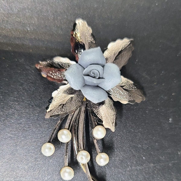 Grey Blue Flower with Silver Leaves Brooch with small faux pearl spray