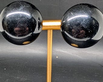 Vintage Domed Black Circle Clip On Earrings
