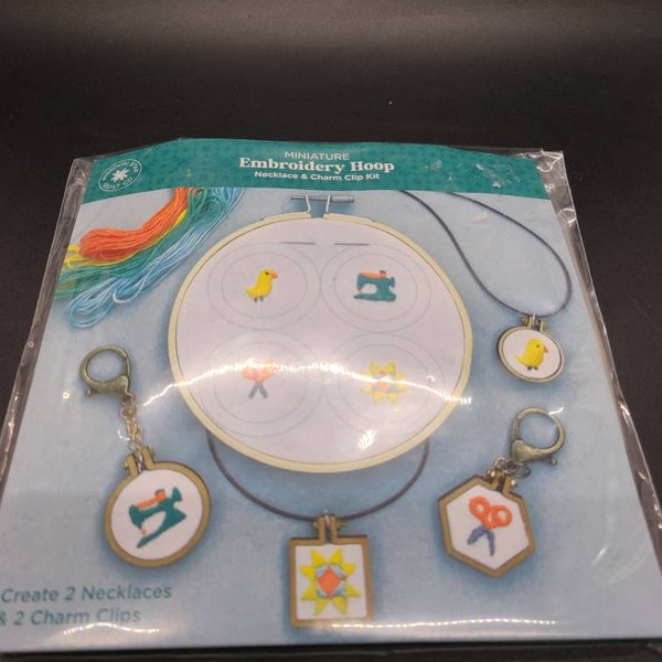 Missouri Star quilt co - miniature embroidery hoop necklace and charm clip kit - duck- sewing machine - scissors - star - embroidery kit