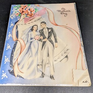 Vintage carte de voeux pour la fête des mères - cloche de mariage - carte de mari - chérubin - couple - just Married - ruban
