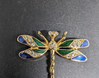 Vintage Dragonfly Gold and Rhinestone Brooch with Blue and Green Accents