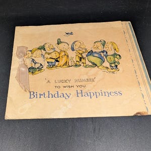 Vintage 1938 Snow White and the Seven Dwarfs Birthday Happiness card - Dopey - Doc - Grumpy - Valentine and Sons LTD