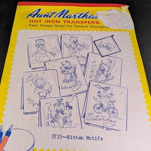 Aunt Martha&#39;s Hot Iron Transfer Pattern 3733 -  Kitten Motifs -Days of the Week - Embroidery  - Needlepoint -