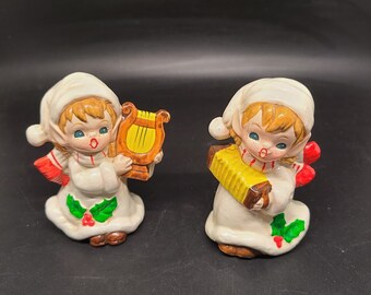 Vintage Set of 2 Elf - Pixie Elves Figurines - Japan - Elf with Harp - Elf with Accordion - Christmas Elves - Elf with Holly