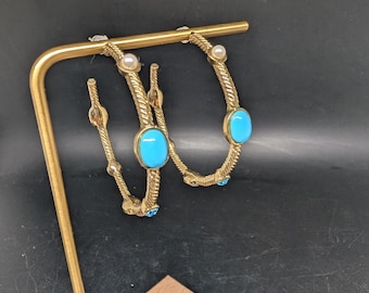 Twisted Cable Hoop earrings with Turquoise, iridescent Blue gems and small white faux pearl earrings