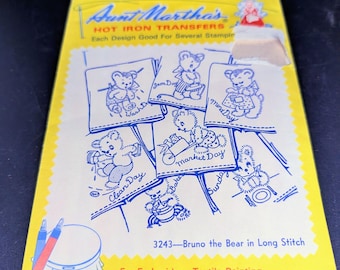 Aunt Martha's Hot Iron Transfers - 3243 Bruno the Bear in Long Stitch  - Embroidery Pattern - Needlepoint - Fabric Painting