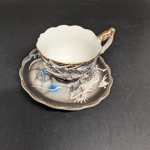 Vintage Dragon Ware Black Moraige Small Tea Cup and Saucer - Dragon with blue and white accents