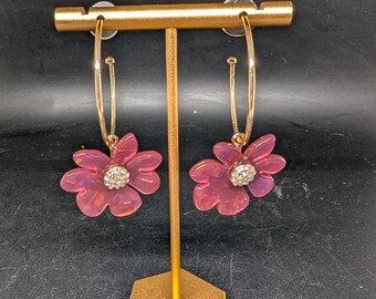 Pink Flower Acrylic Gold Tone Hoop Earrings - Rhinestone Center