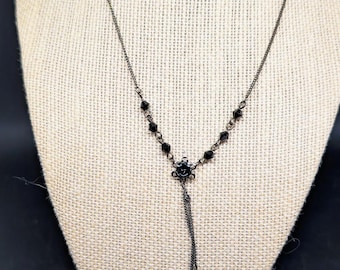 Gunmetal Chain Necklace with Black Beads and Black Rose - Chain Bead Tassel