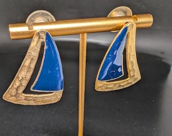 Cobalt Blue and Hammered Gold Triangle Shaped Earrings