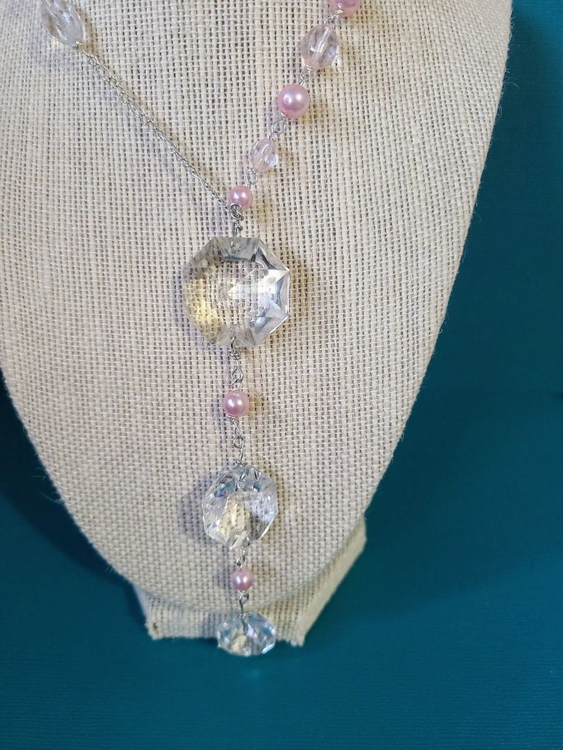 Repurposed Chandelier Necklace with Pink Pearls Clear and Pink Beads and Silver Chain 14 34 Handmade