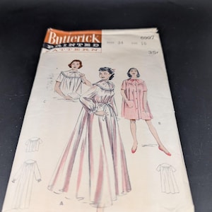 May include: A Butterick printed pattern envelope, number 6997, size 16, bust 34, priced at 35 cents. The envelope features illustrations of three different nightgown styles, including a long-sleeved floor-length gown and two shorter versions with varying sleeve lengths and front closures.