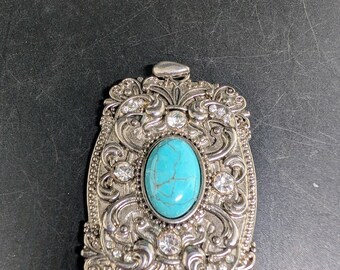 Silver Tone Rectangular Pendant with Filigree Accents, Rhinestones and Turquoise Cabochon