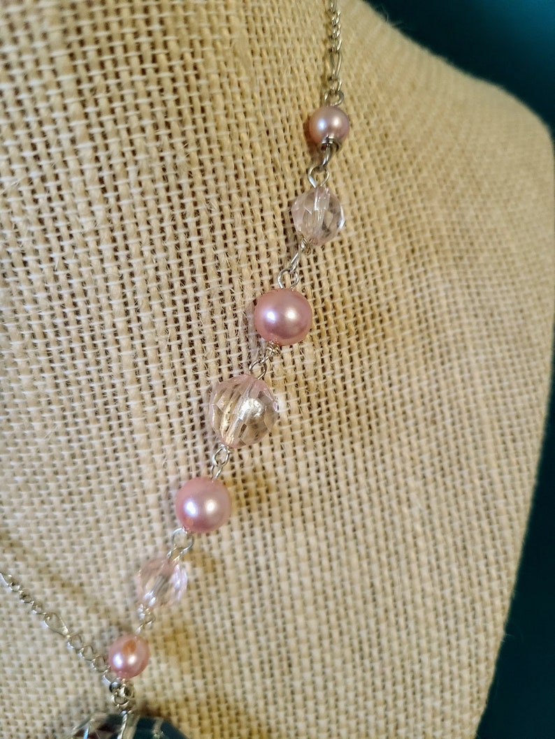 Repurposed Chandelier Necklace with Pink Pearls Clear and Pink Beads and Silver Chain 14 34 Handmade