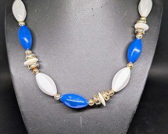 Vintage Navy Blue and White with Gold Tone Spacers Beaded Necklace