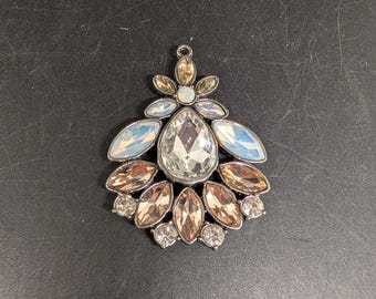 Silver Tone Clear Champagne Smokey Rhinestone Marquise Floral Pendant