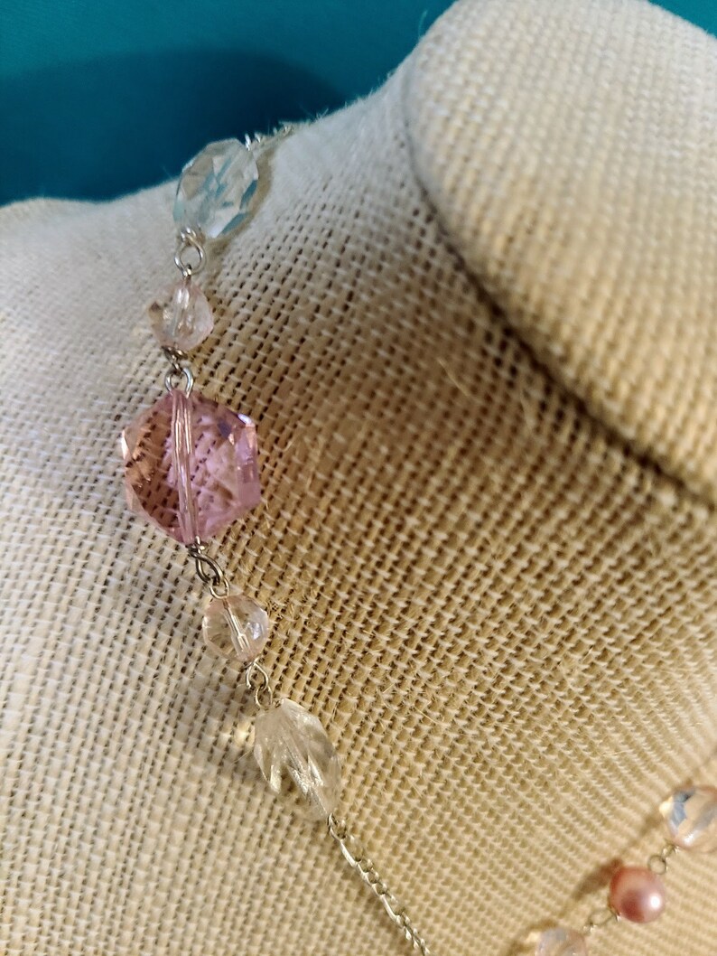 Repurposed Chandelier Necklace with Pink Pearls Clear and Pink Beads and Silver Chain 14 34 Handmade