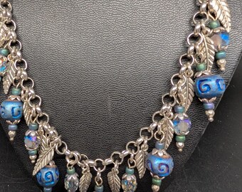 Unique Silver Chain Necklace with Blue Carved Beads with Silver Feathers, Blue and Silver Beaded Accents - Adjustable