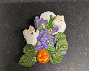 Vintage Avon Spooky Halloween - Ghost with Haunted House and Jack O Lantern Pin - Brooch - Eyes Flash on Ghost and Jack O Lantern